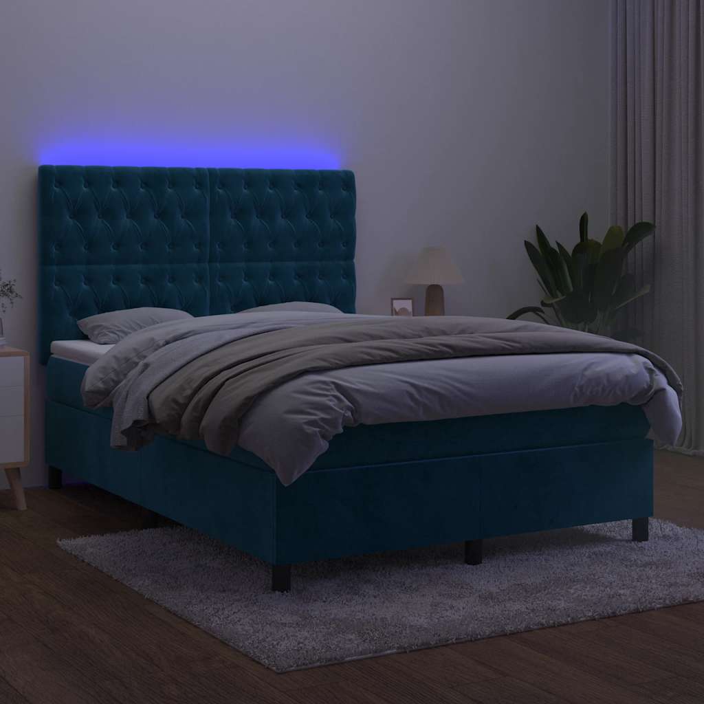 sötétkék bársony rugós és LED-es ágy matraccal 140x200 cm