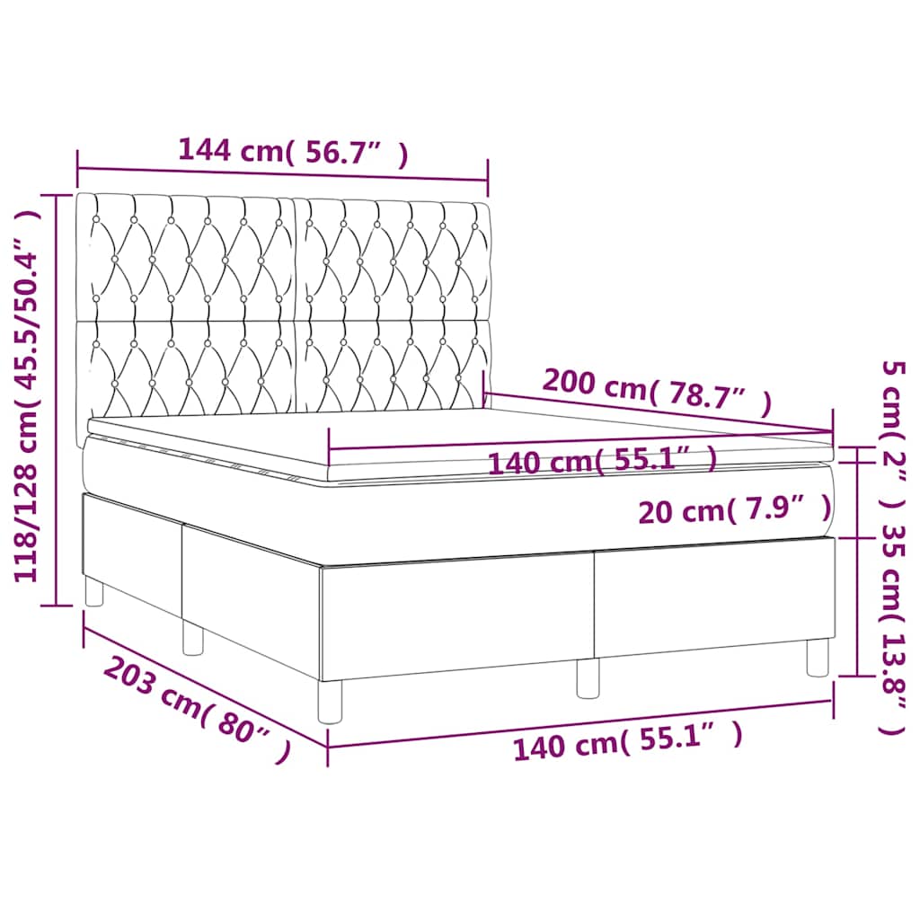 sötétkék bársony rugós és LED-es ágy matraccal 140x200 cm