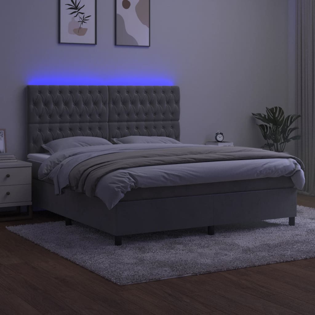 világosszürke bársony rugós és LED-es ágy matraccal 160x200 cm