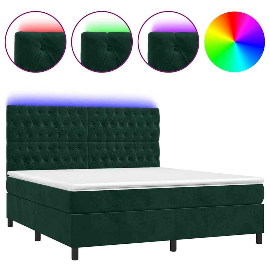 sötétzöld bársony rugós és LED-es ágy matraccal 160x200 cm