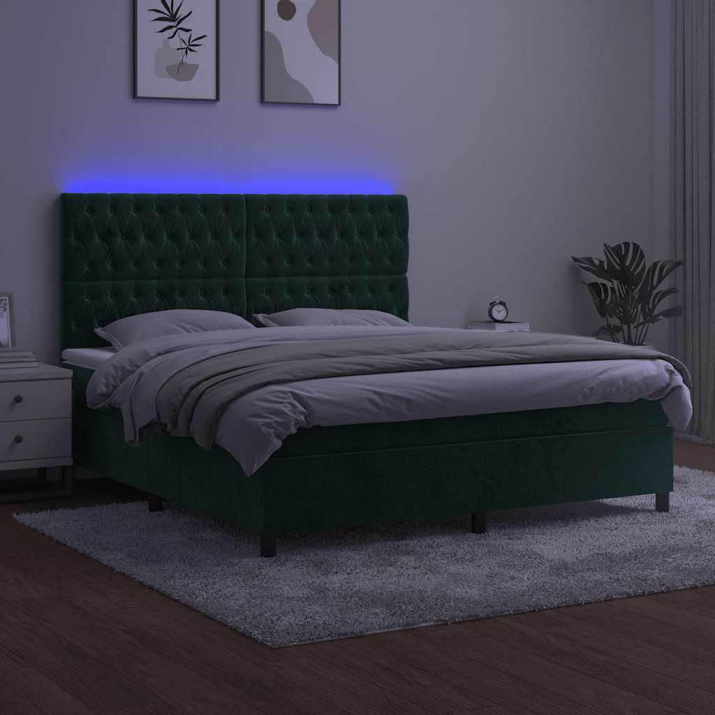 sötétzöld bársony rugós és LED-es ágy matraccal 160x200 cm