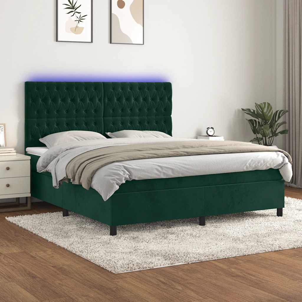 sötétzöld bársony rugós és LED-es ágy matraccal 160x200 cm