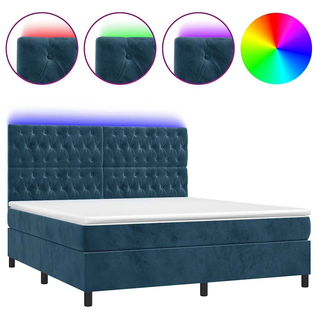 sötétkék bársony rugós és LED-es ágy matraccal 160x200 cm