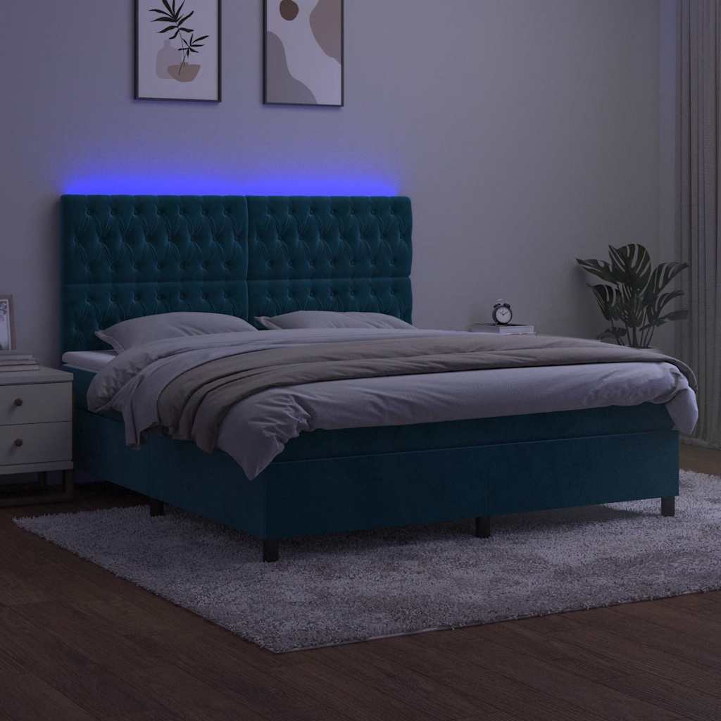 sötétkék bársony rugós és LED-es ágy matraccal 160x200 cm