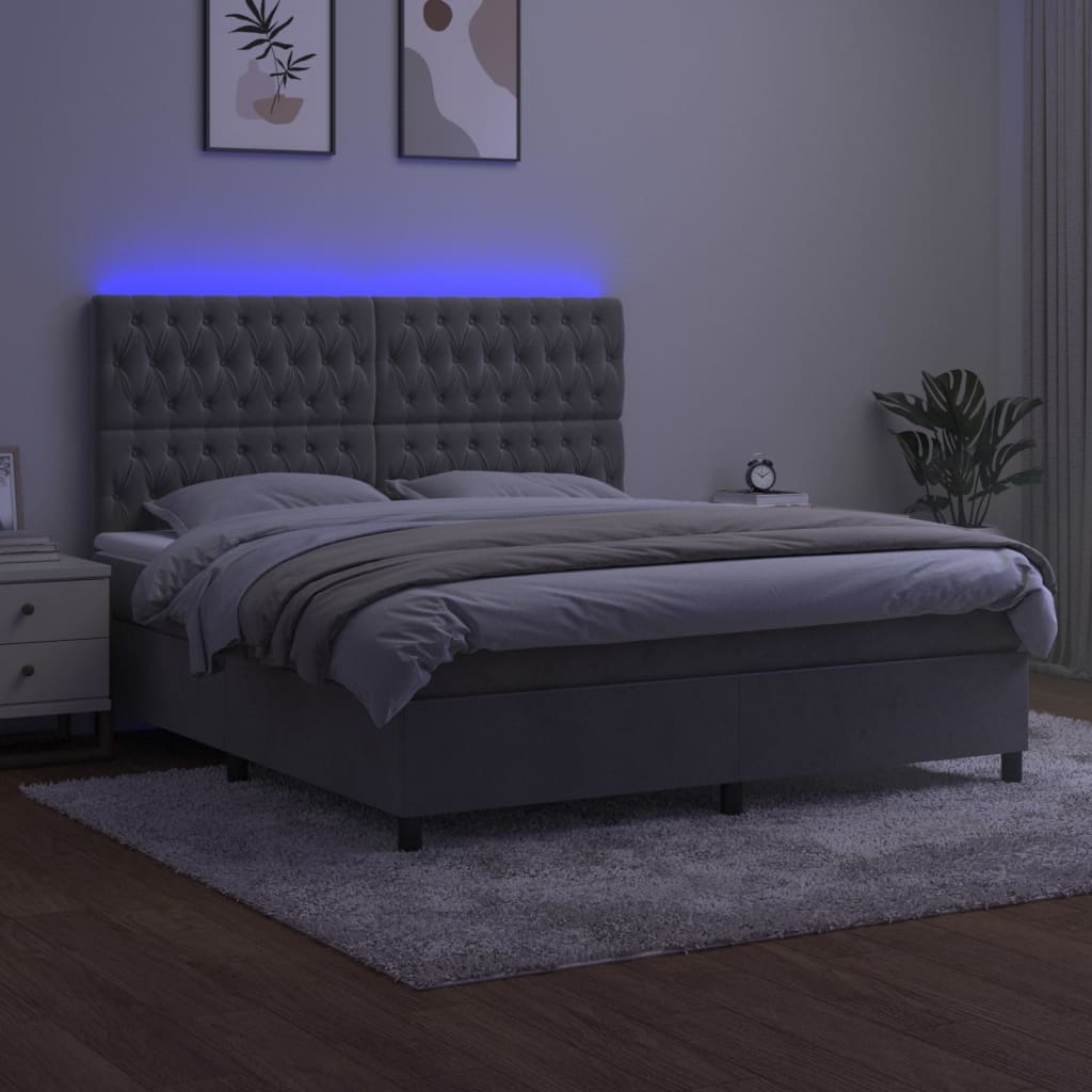 világosszürke bársony rugós és LED-es ágy matraccal 180x200 cm