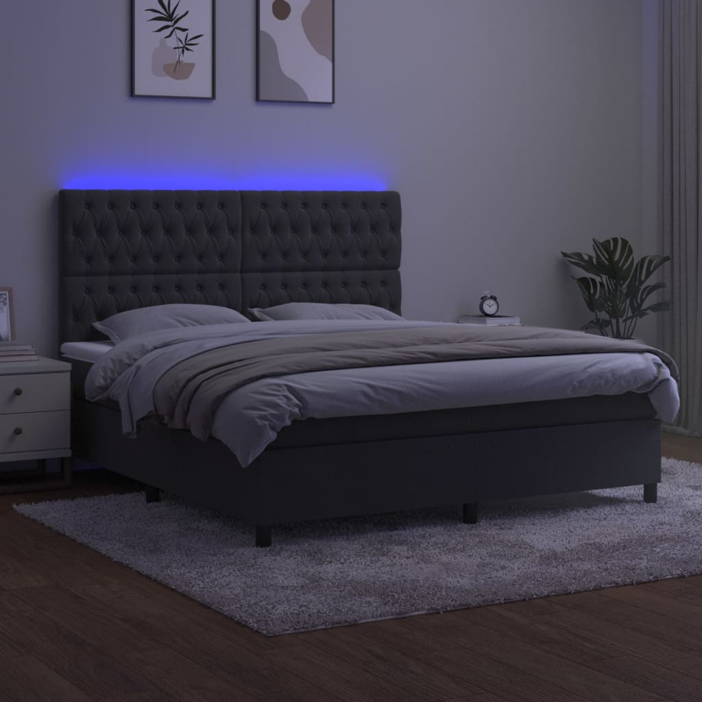 sötétszürke bársony rugós és LED-es ágy matraccal 180x200 cm