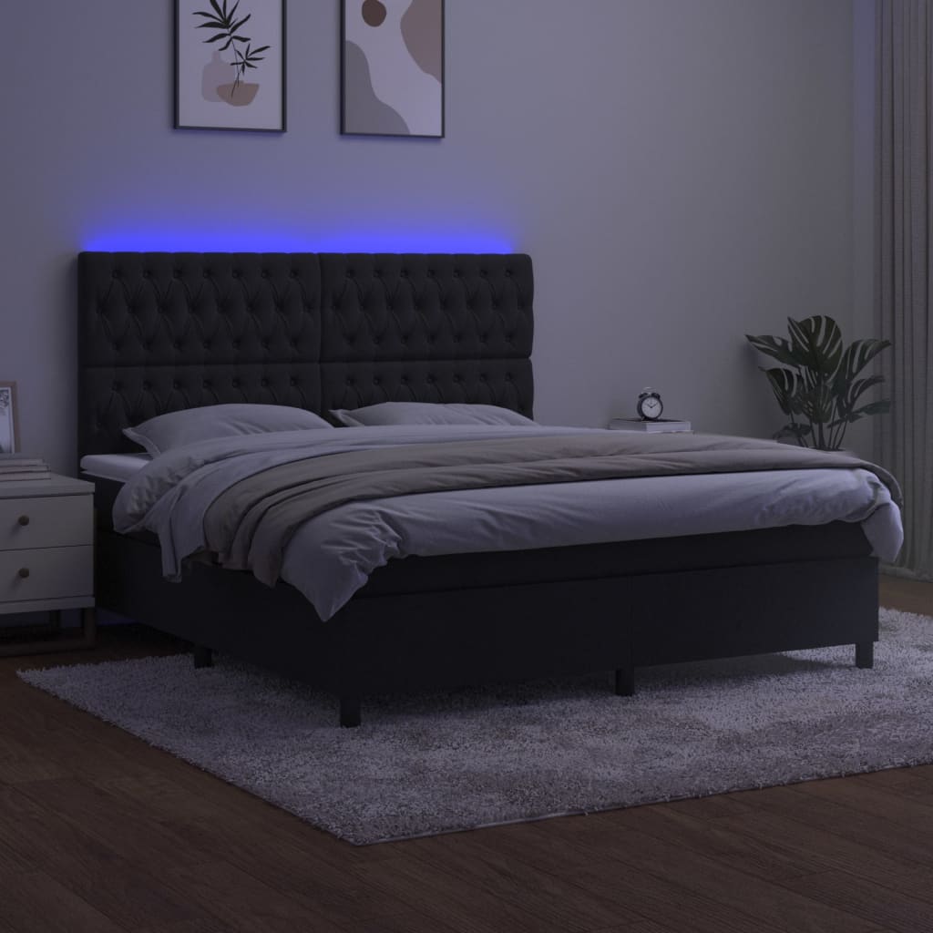 fekete bársony rugós és LED-es ágy matraccal 180x200 cm