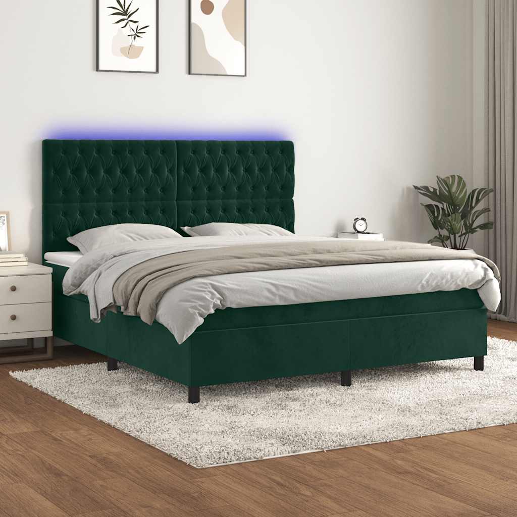 sötétzöld bársony rugós és LED-es ágy matraccal 180x200 cm