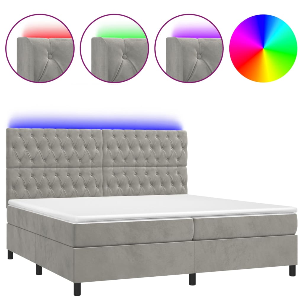 világosszürke bársony rugós és LED-es ágy matraccal 200x200 cm