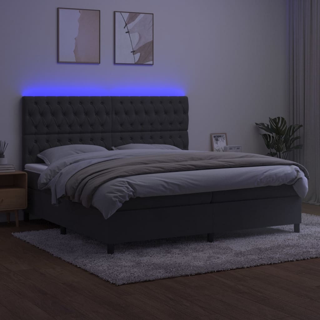 sötétszürke bársony rugós és LED-es ágy matraccal 200x200 cm