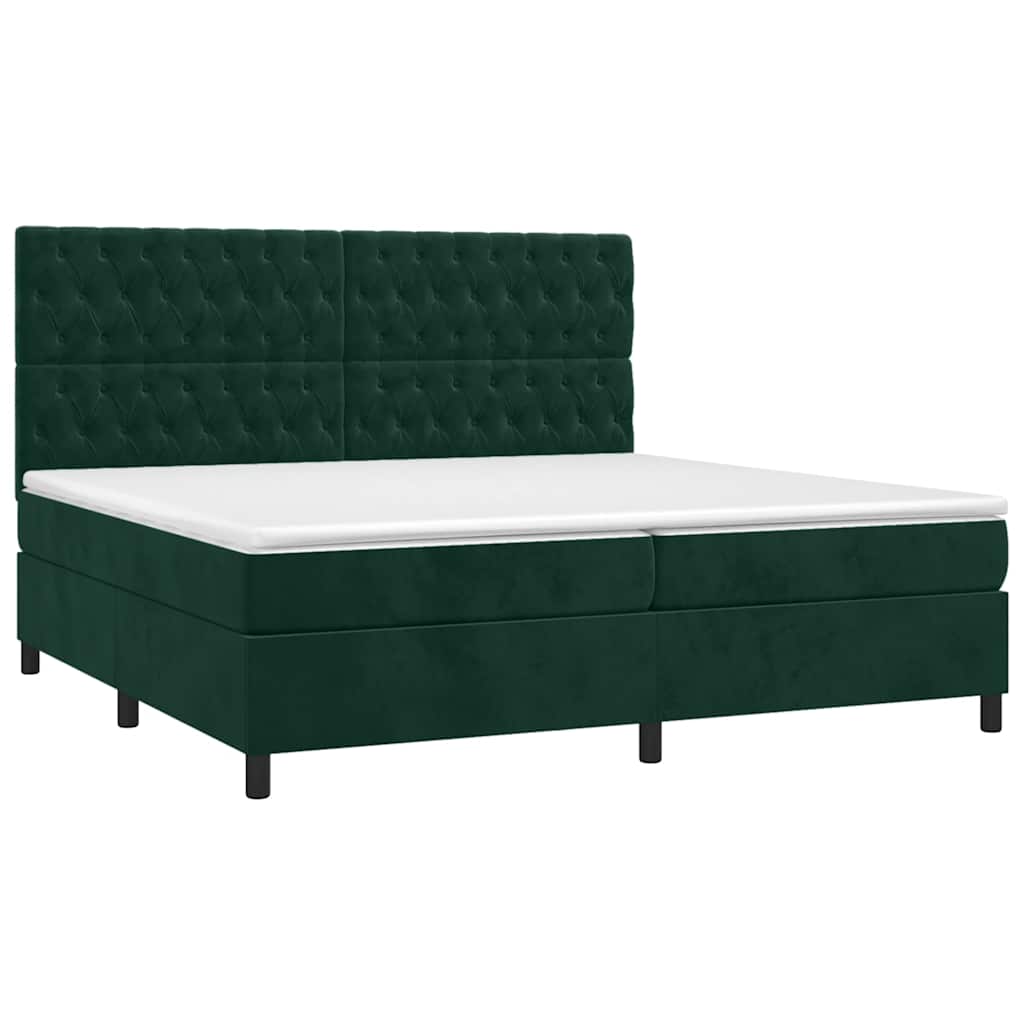 sötétzöld bársony rugós és LED-es ágy matraccal 200x200 cm