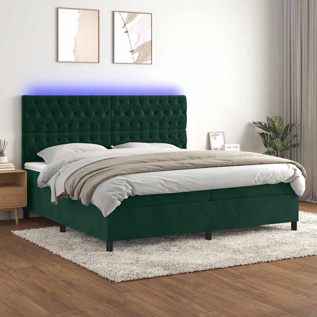 sötétzöld bársony rugós és LED-es ágy matraccal 200x200 cm