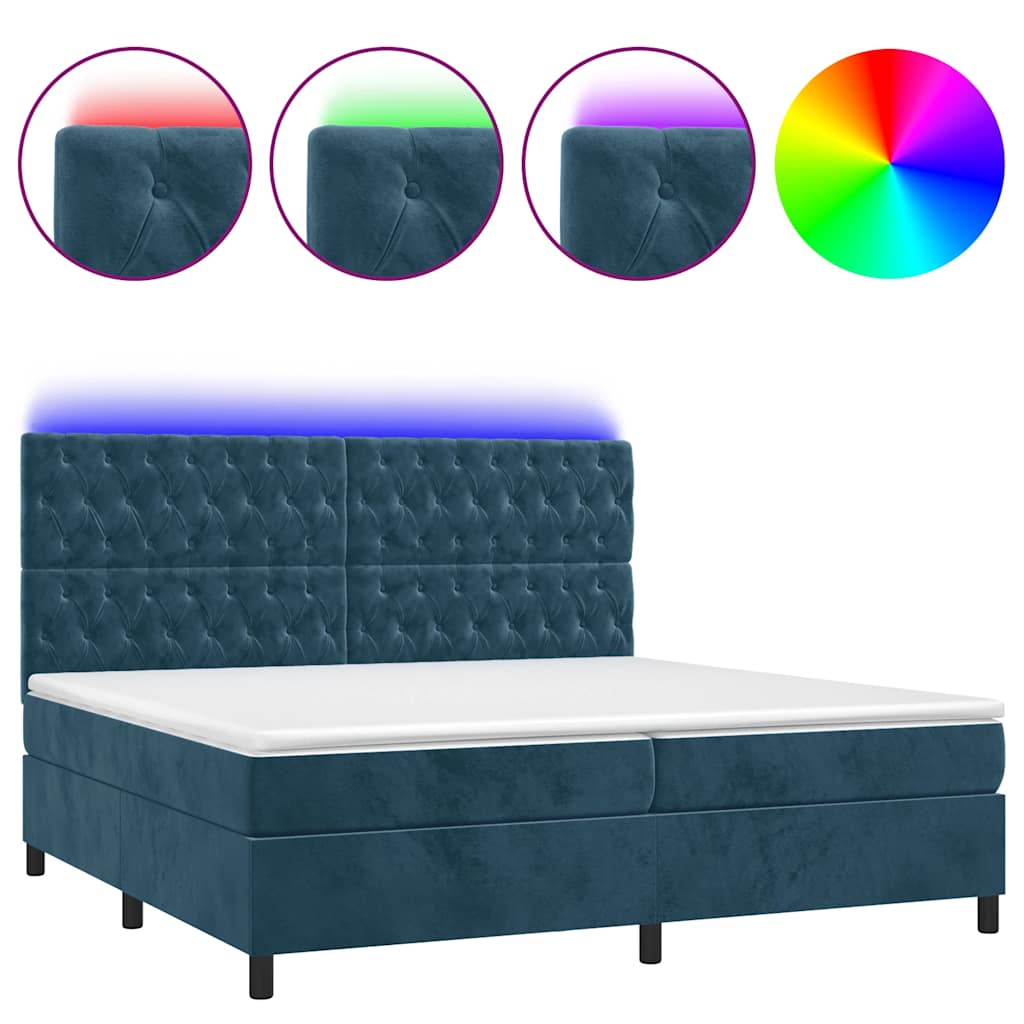 sötétkék bársony rugós és LED-es ágy matraccal 200x200 cm