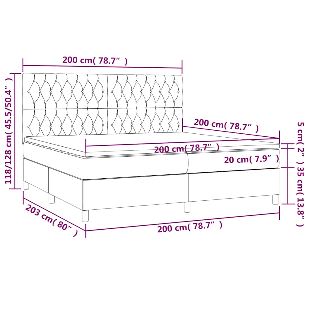 sötétkék bársony rugós és LED-es ágy matraccal 200x200 cm