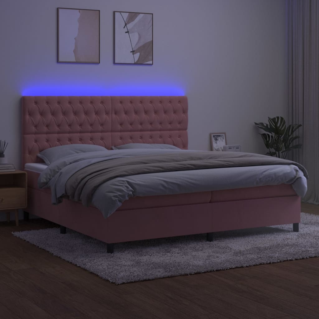 rózsaszín bársony rugós és LED-es ágy matraccal 200x200 cm