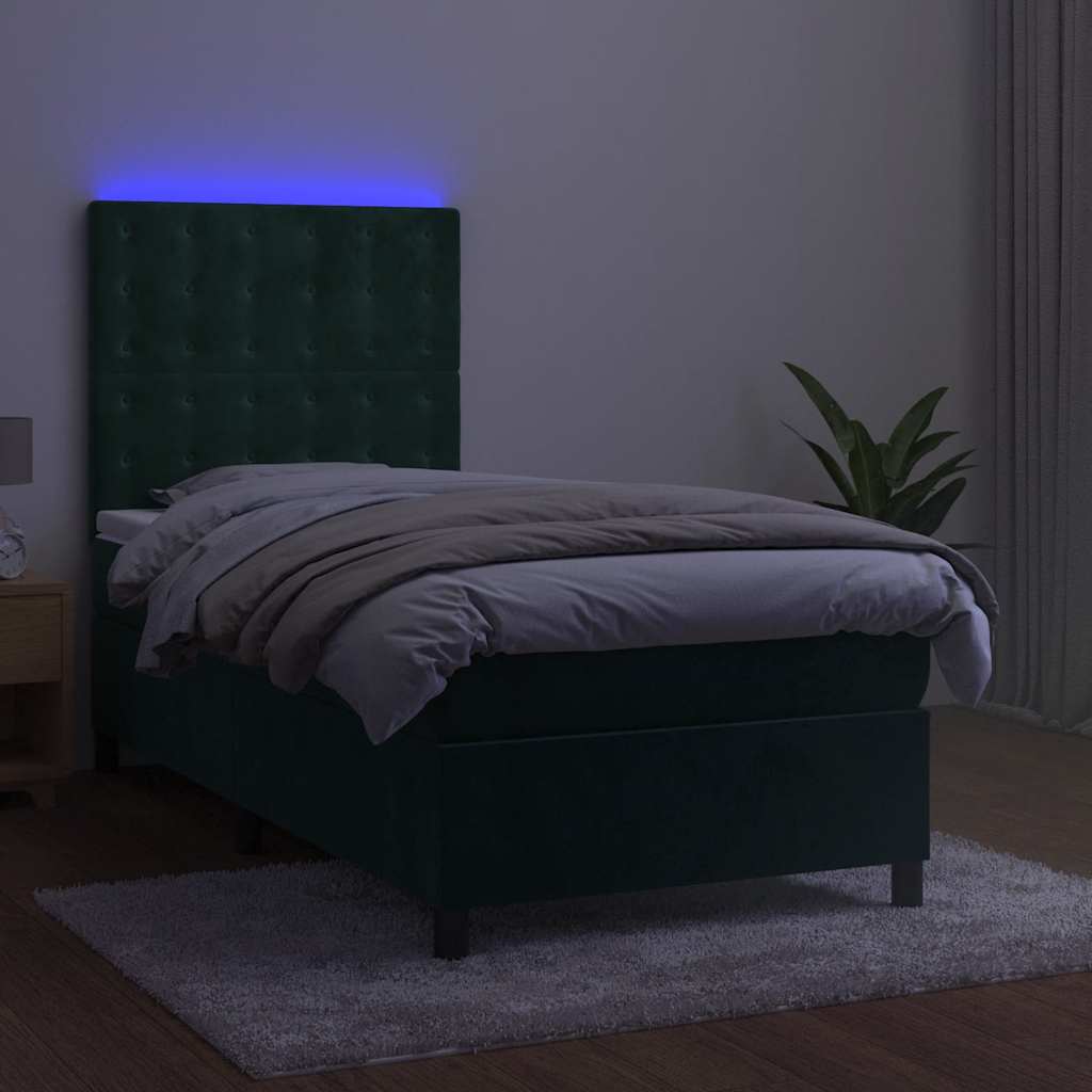 sötétzöld bársony rugós és LED-es ágy matraccal 80 x 200 cm
