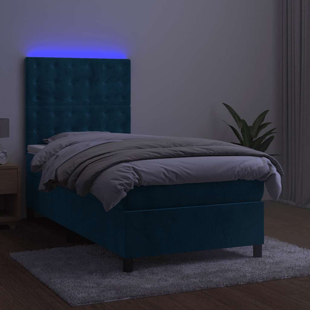 sötétkék bársony rugós és LED-es ágy matraccal 80 x 200 cm