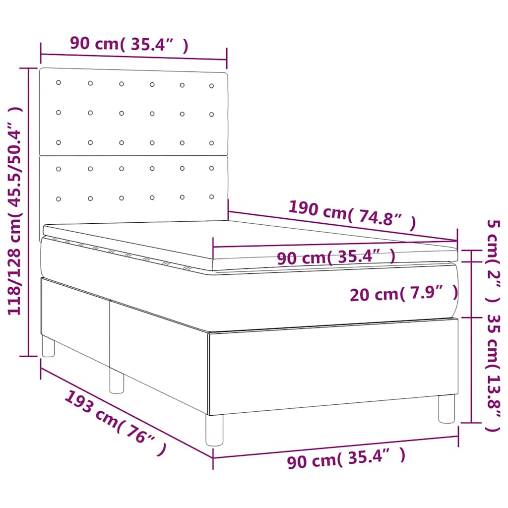 sötétkék bársony rugós és LED-es ágy matraccal 90x190 cm
