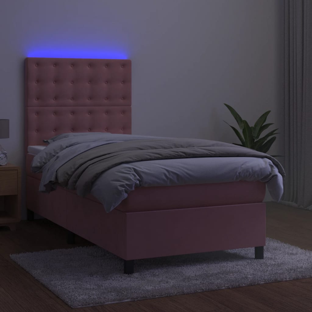 rózsaszín bársony rugós és LED-es ágy matraccal 90x190 cm