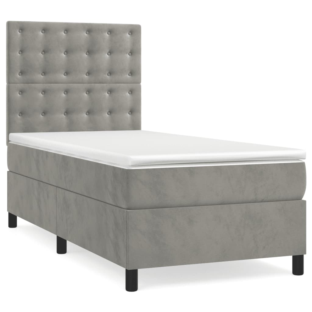 világosszürke bársony rugós és LED-es ágy matraccal 90x200 cm