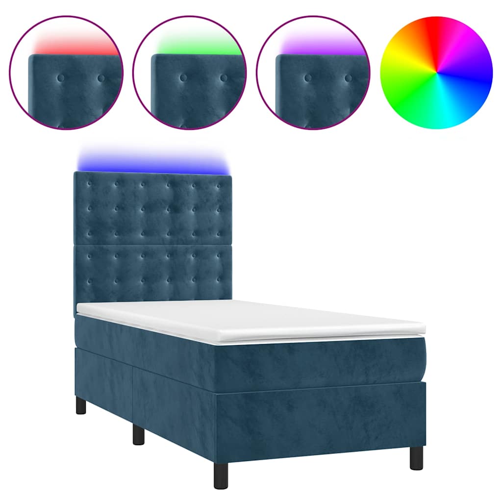 sötétkék bársony rugós és LED-es ágy matraccal 90x200 cm