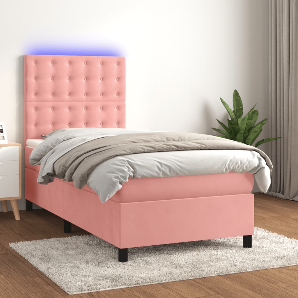 rózsaszín bársony rugós és LED-es ágy matraccal 90x200 cm