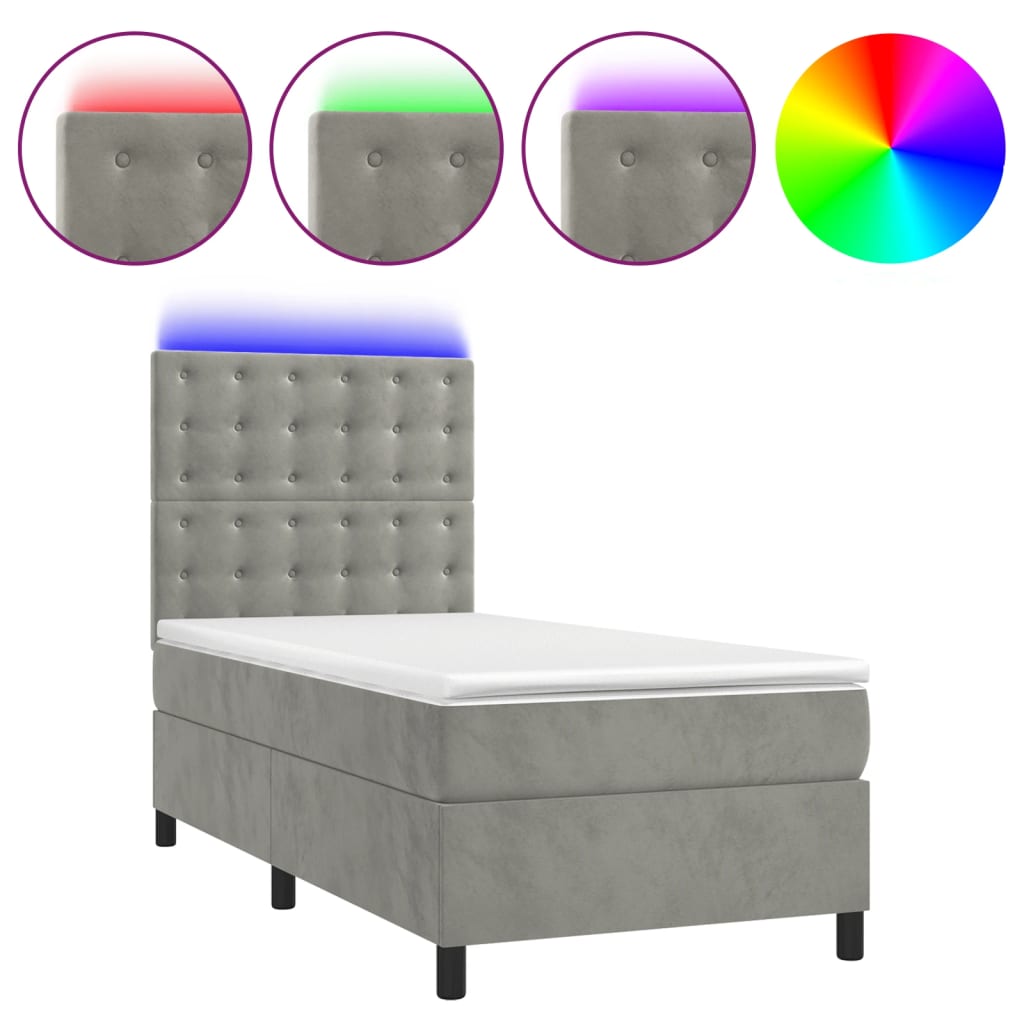 világosszürke bársony rugós és LED-es ágy matraccal 100x200 cm