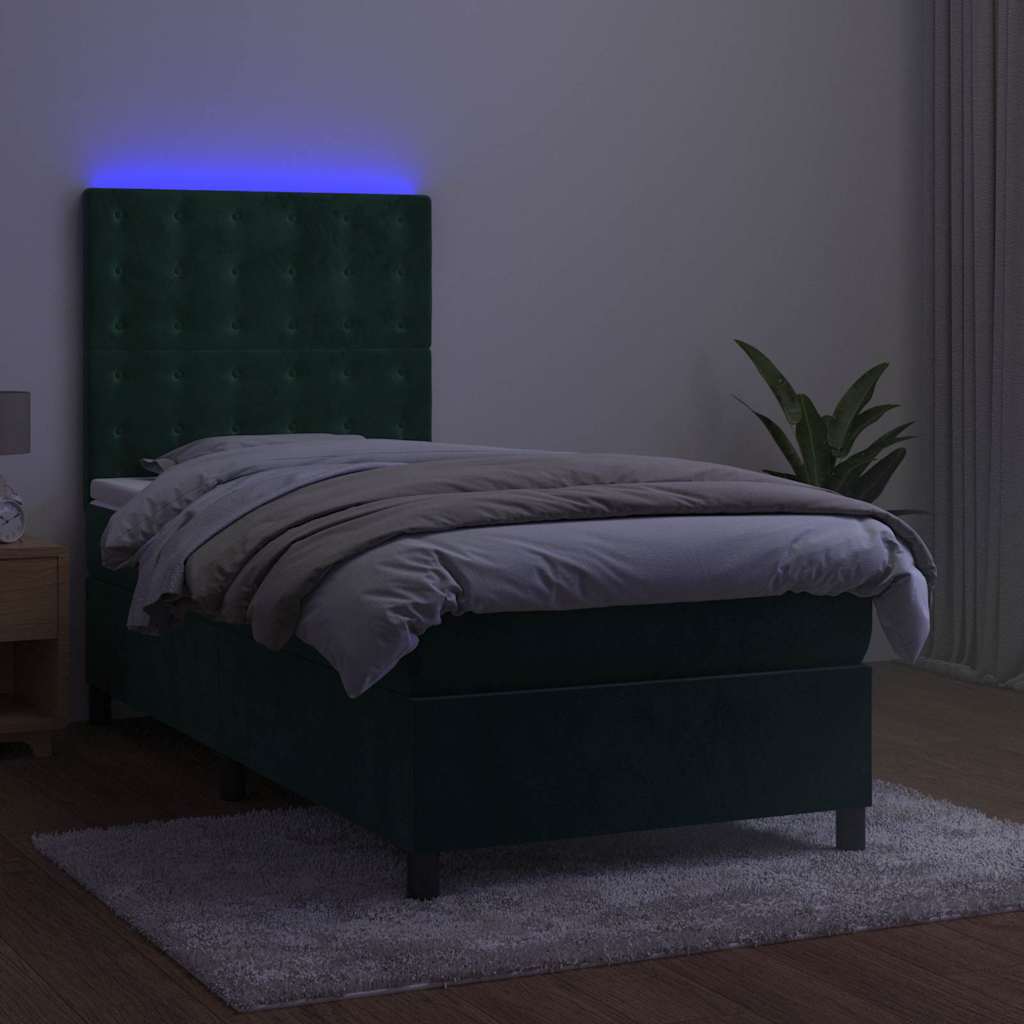 sötétzöld bársony rugós és LED-es ágy matraccal 100x200 cm