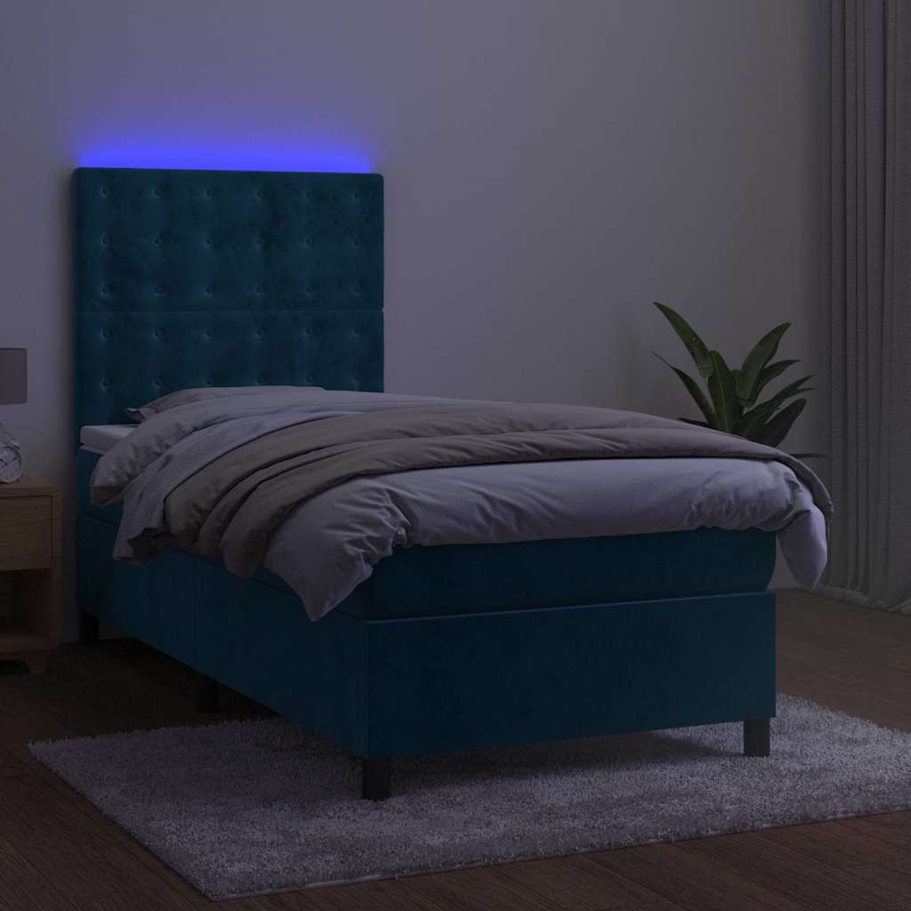 sötétkék bársony rugós és LED-es ágy matraccal 100x200 cm