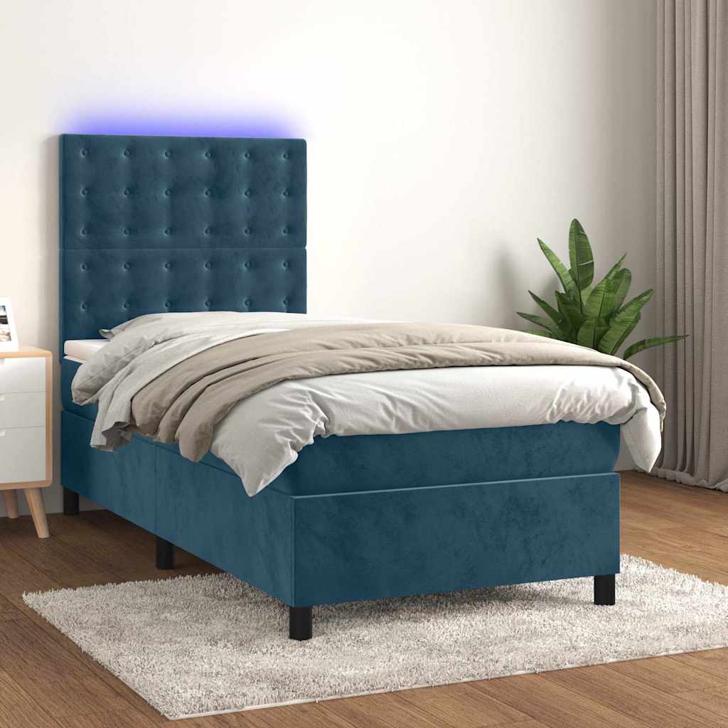 sötétkék bársony rugós és LED-es ágy matraccal 100x200 cm