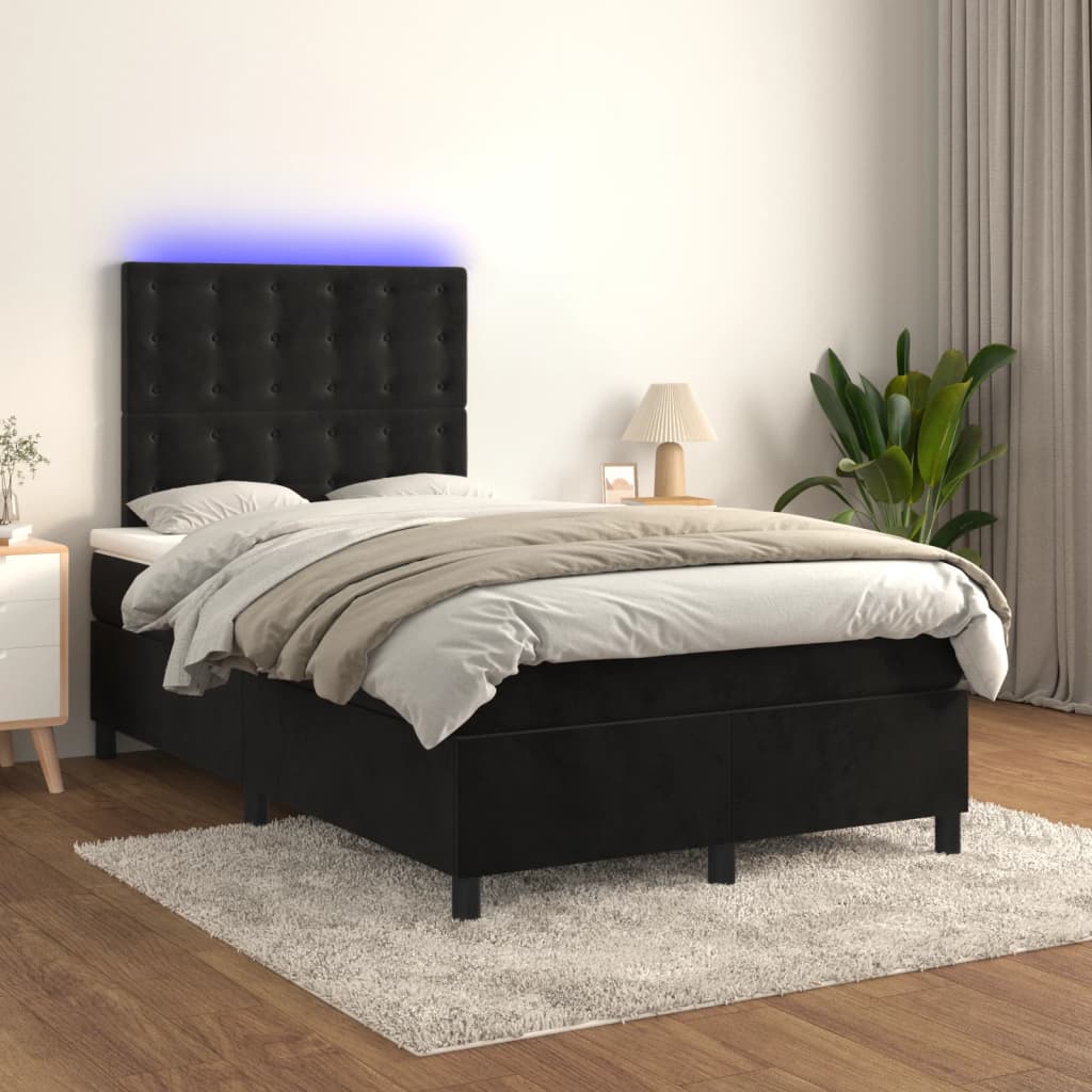 fekete bársony rugós és LED-es ágy matraccal 120x200 cm