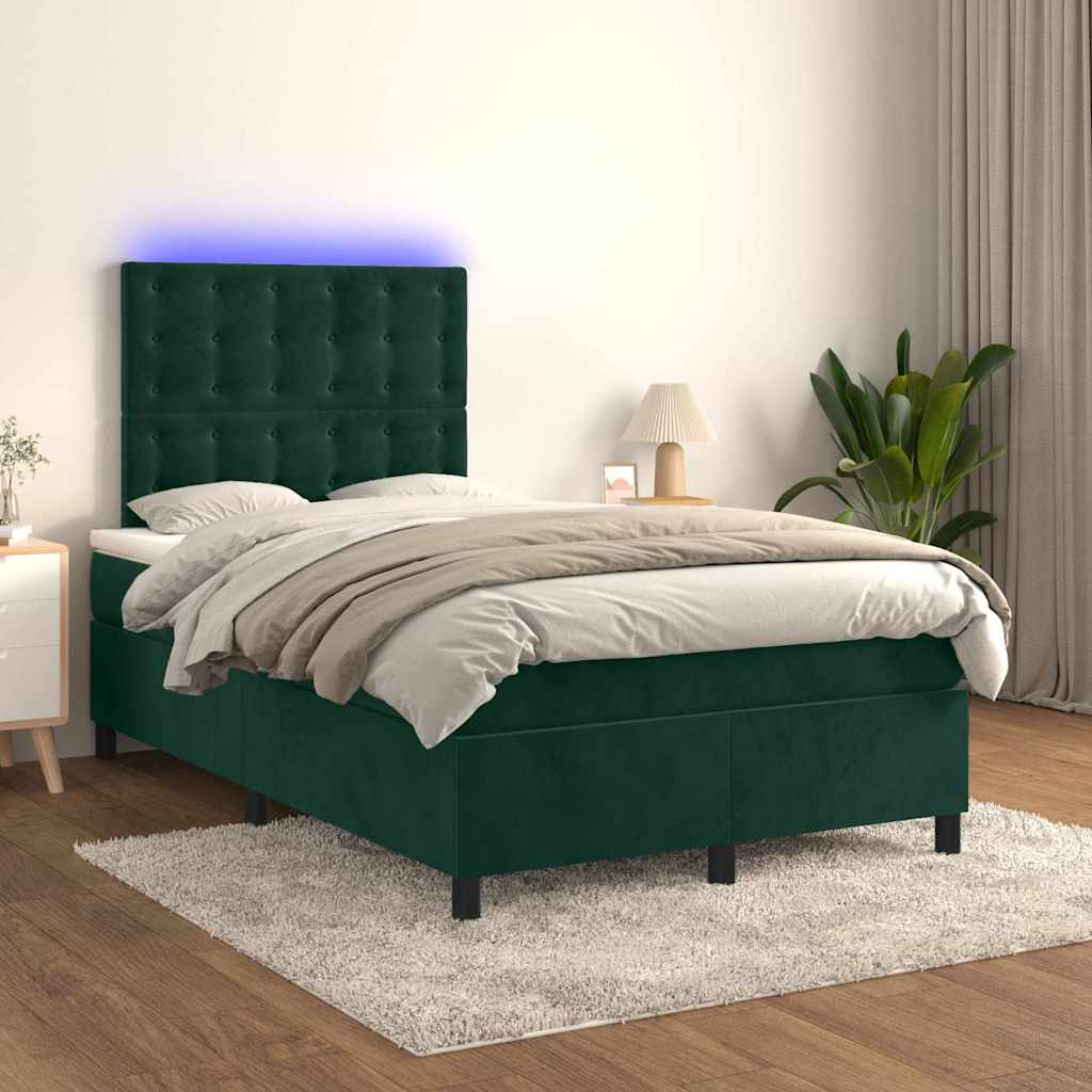 sötétzöld bársony rugós és LED-es ágy matraccal 120x200 cm