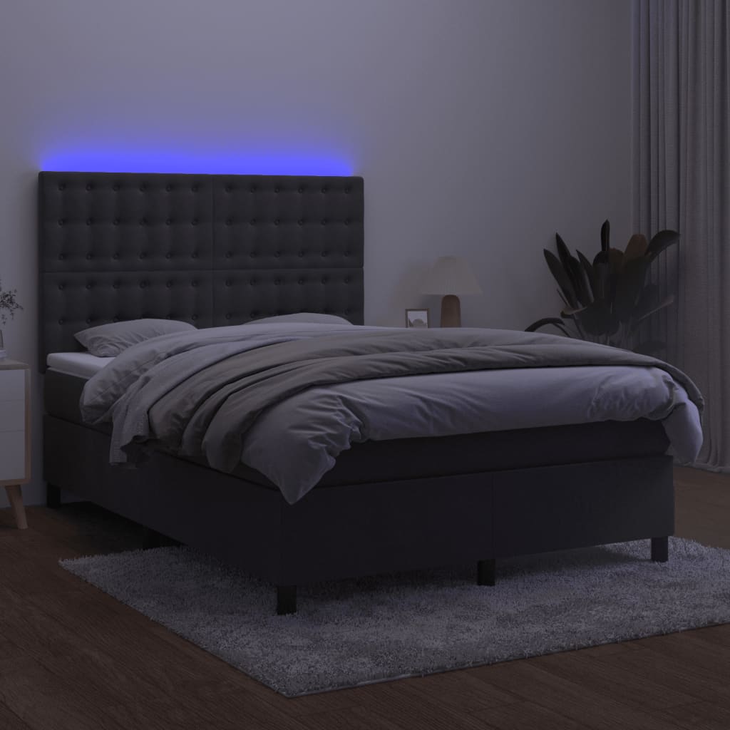 sötétszürke bársony rugós és LED-es ágy matraccal 140x190 cm