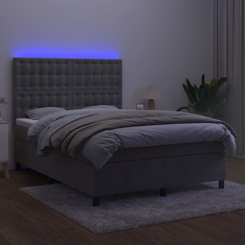 világosszürke bársony rugós és LED-es ágy matraccal 140x200 cm