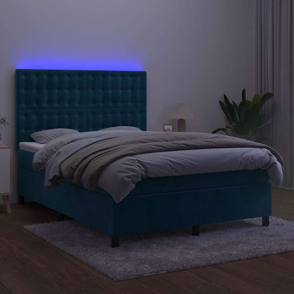 sötétkék bársony rugós és LED-es ágy matraccal 140x200 cm
