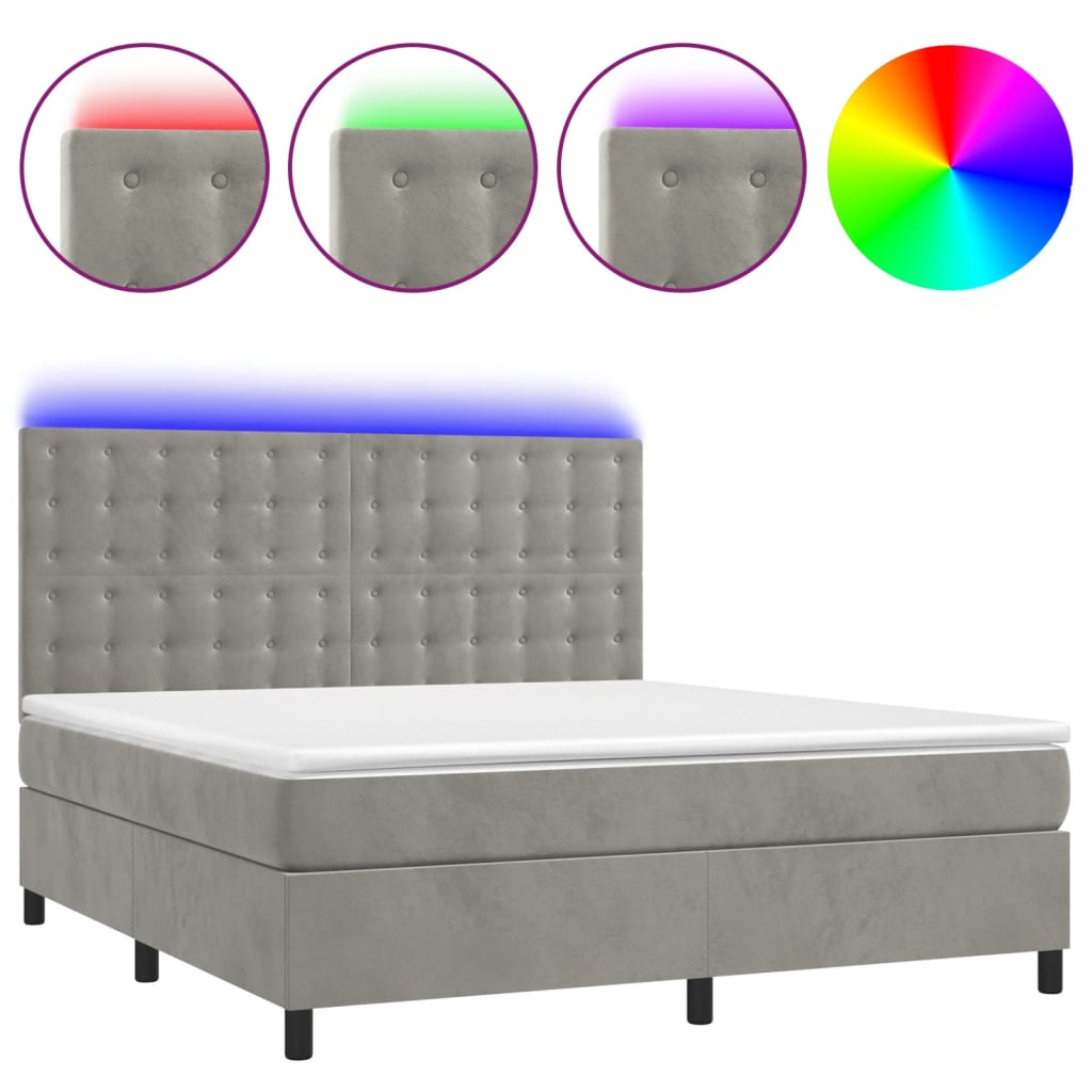 világosszürke bársony rugós és LED-es ágy matraccal 160x200 cm