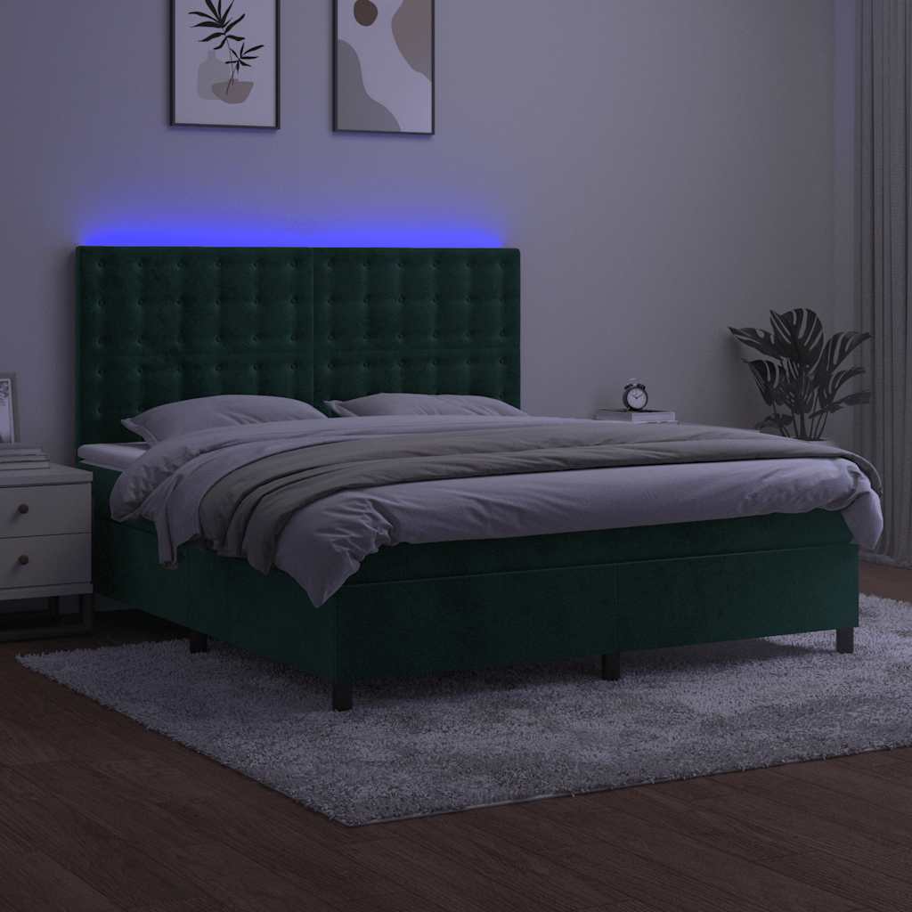sötétzöld bársony rugós és LED-es ágy matraccal 160x200 cm