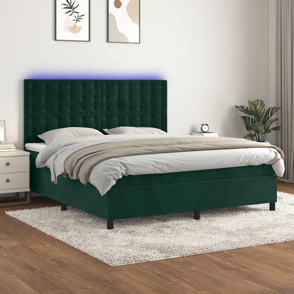 sötétzöld bársony rugós és LED-es ágy matraccal 160x200 cm