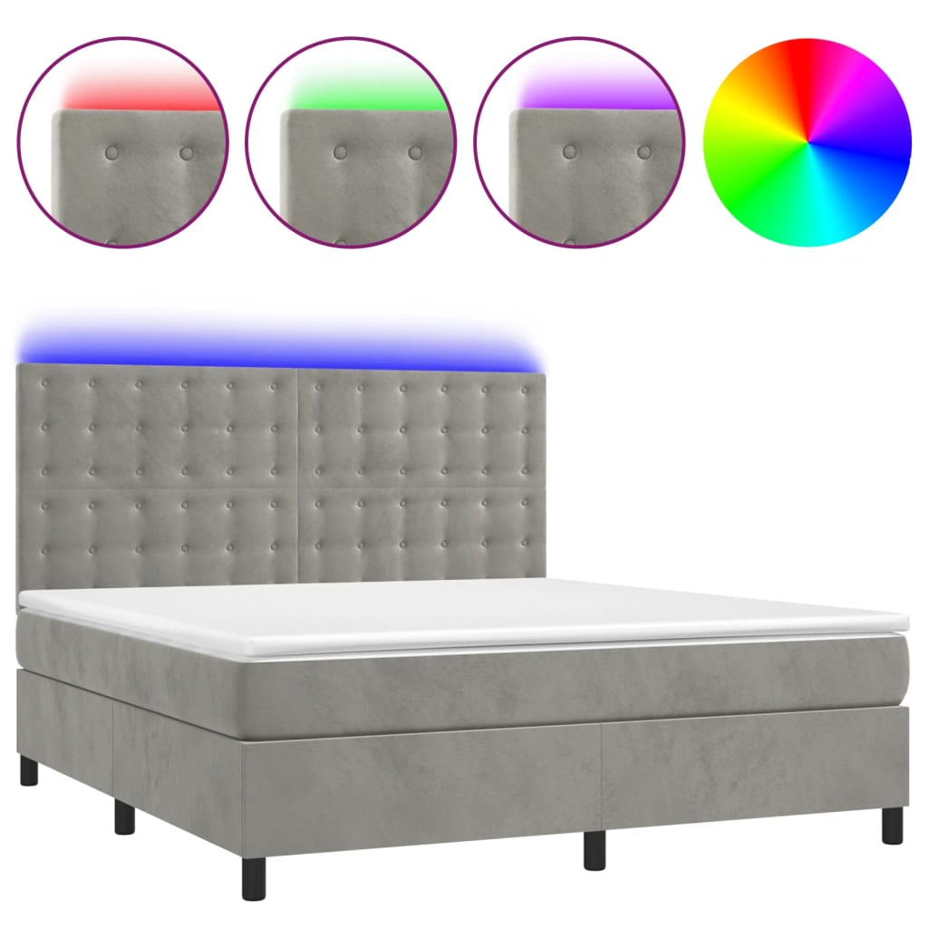 világosszürke bársony rugós és LED-es ágy matraccal 180x200 cm