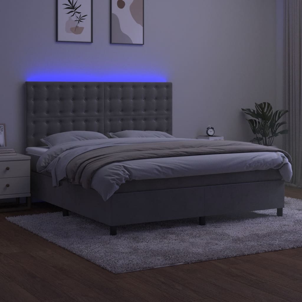 világosszürke bársony rugós és LED-es ágy matraccal 180x200 cm