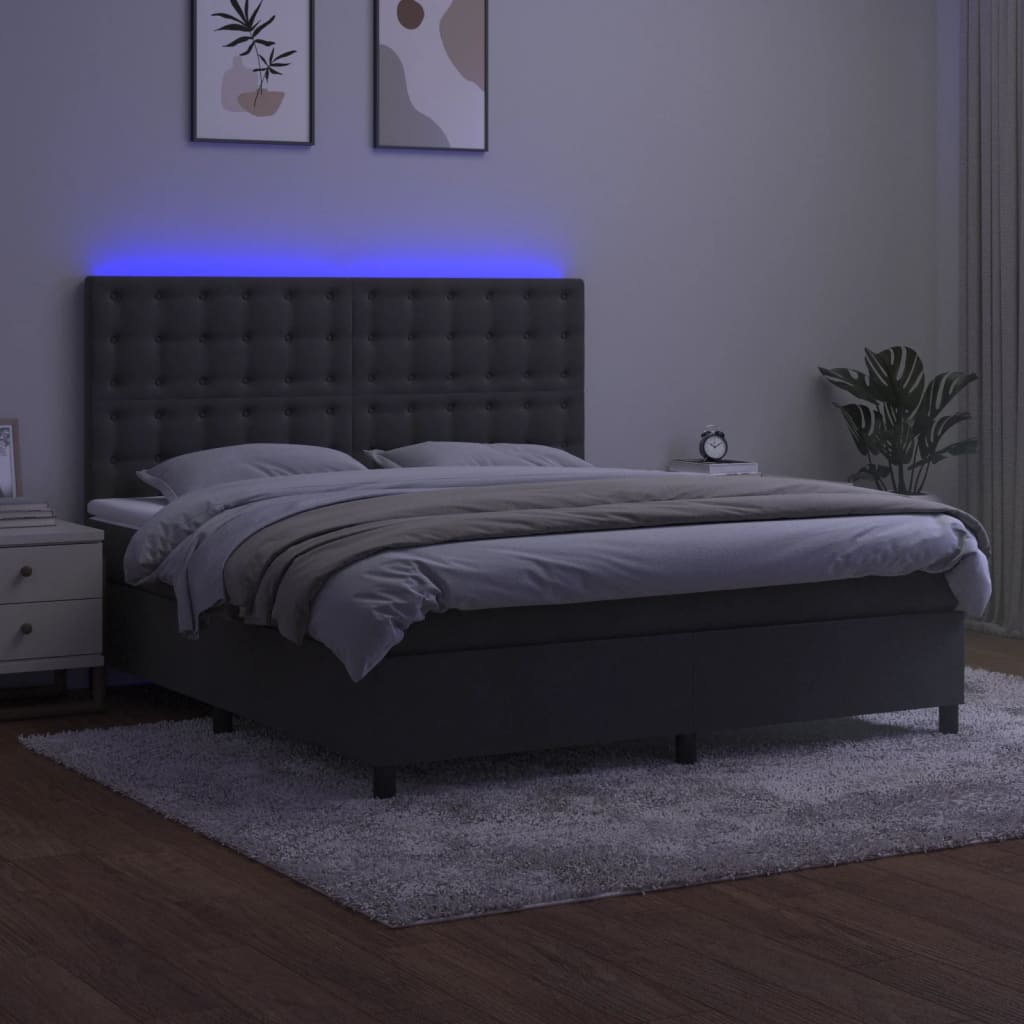 sötétszürke bársony rugós és LED-es ágy matraccal 180x200 cm