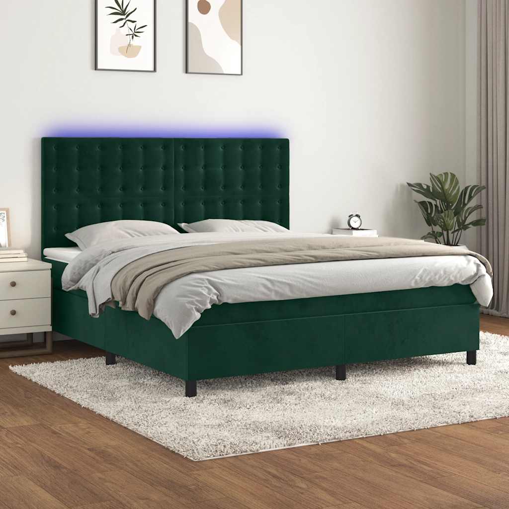 sötétzöld bársony rugós és LED-es ágy matraccal 180x200 cm