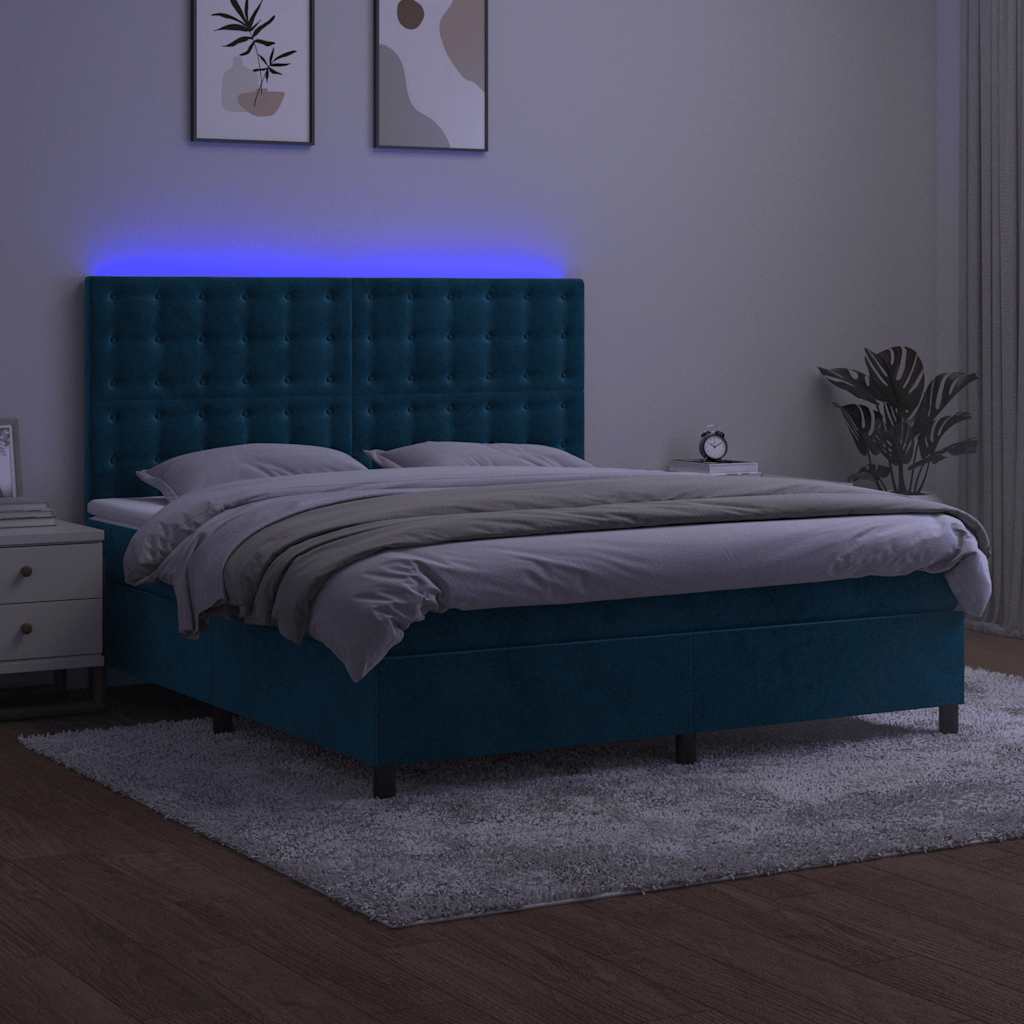 sötétkék bársony rugós és LED-es ágy matraccal 180x200 cm