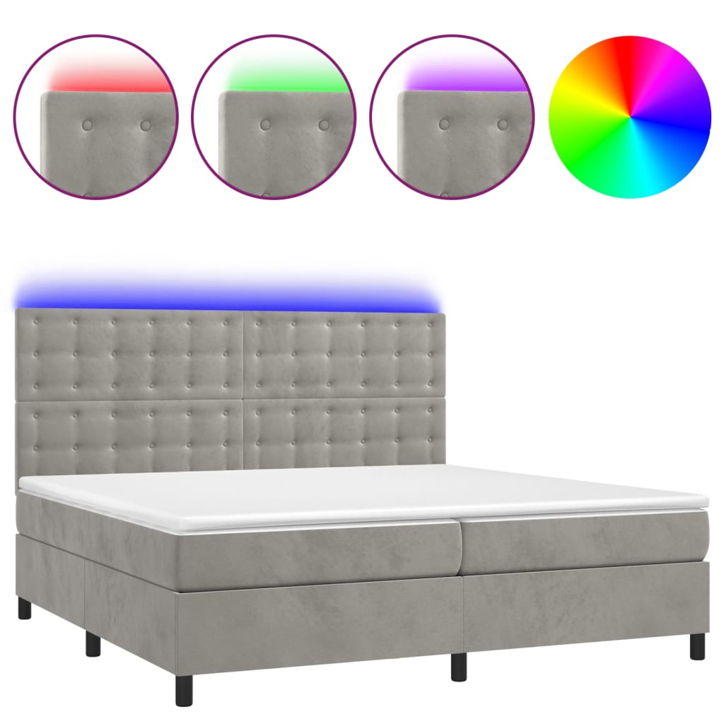 világosszürke bársony rugós és LED-es ágy matraccal 200x200 cm