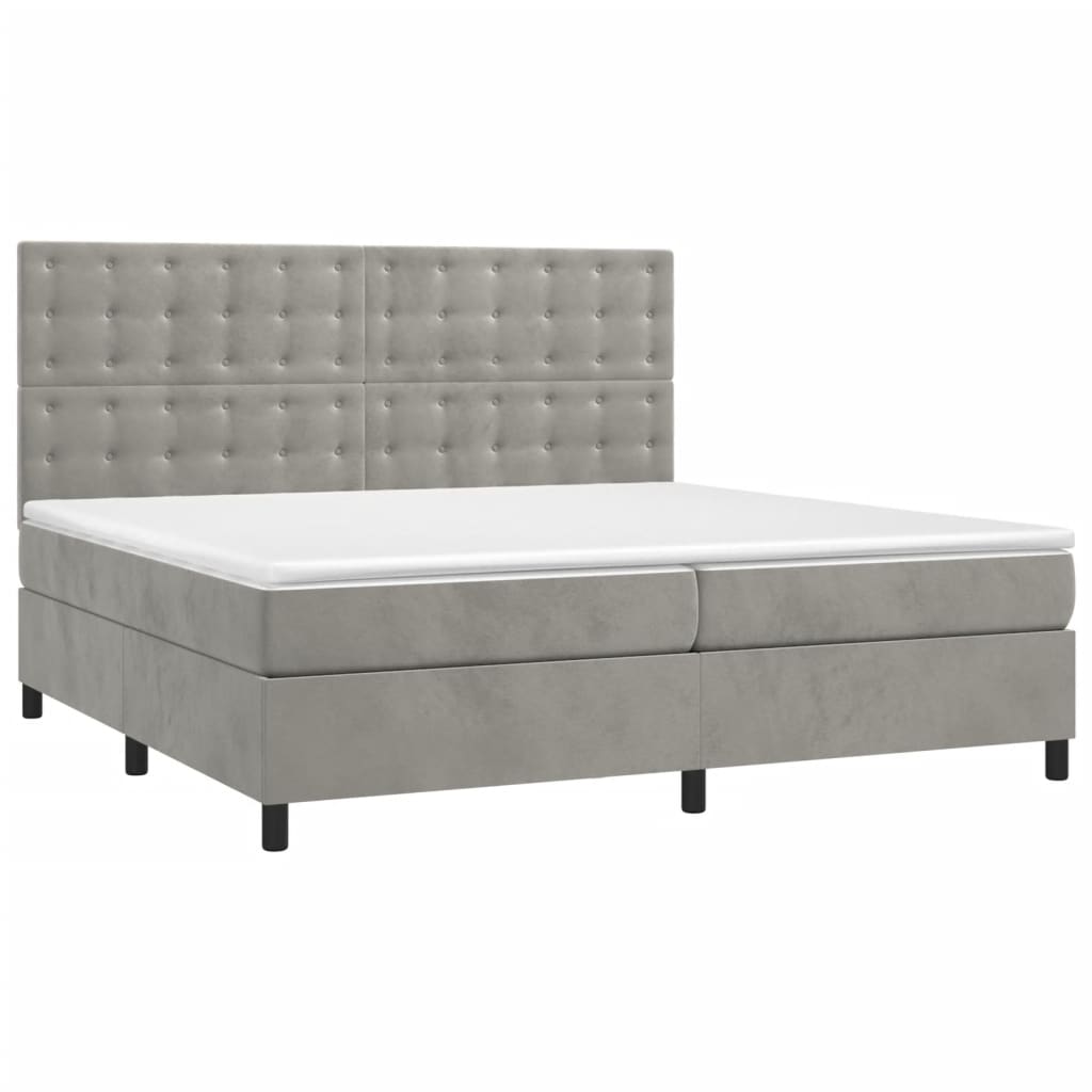 világosszürke bársony rugós és LED-es ágy matraccal 200x200 cm