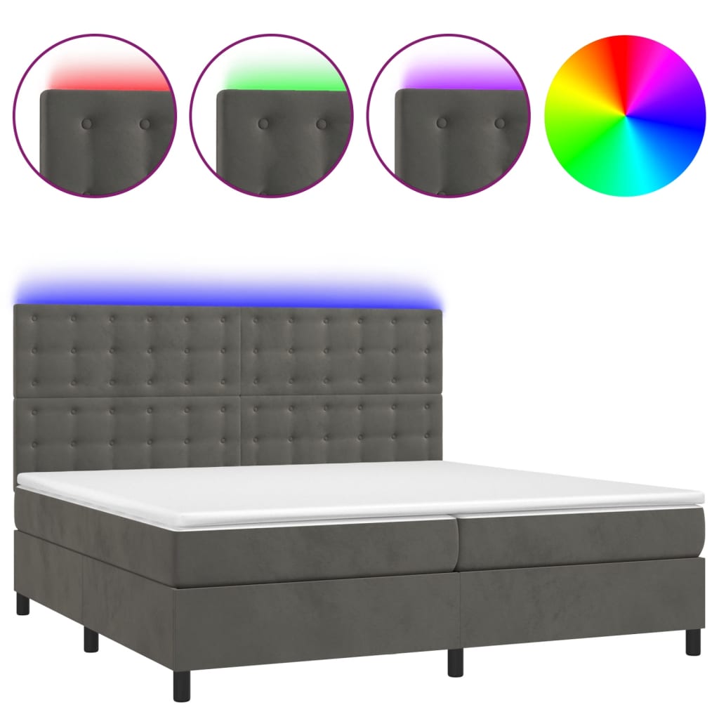 sötétszürke bársony rugós és LED-es ágy matraccal 200x200 cm