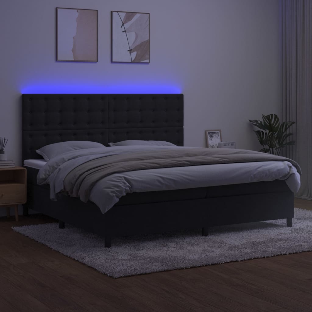fekete bársony rugós és LED-es ágy matraccal 200x200 cm