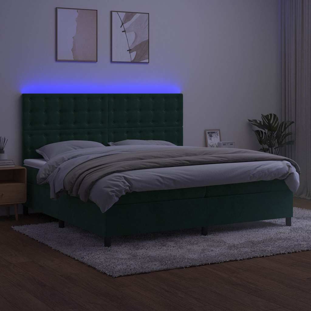 sötétzöld bársony rugós és LED-es ágy matraccal 200x200 cm