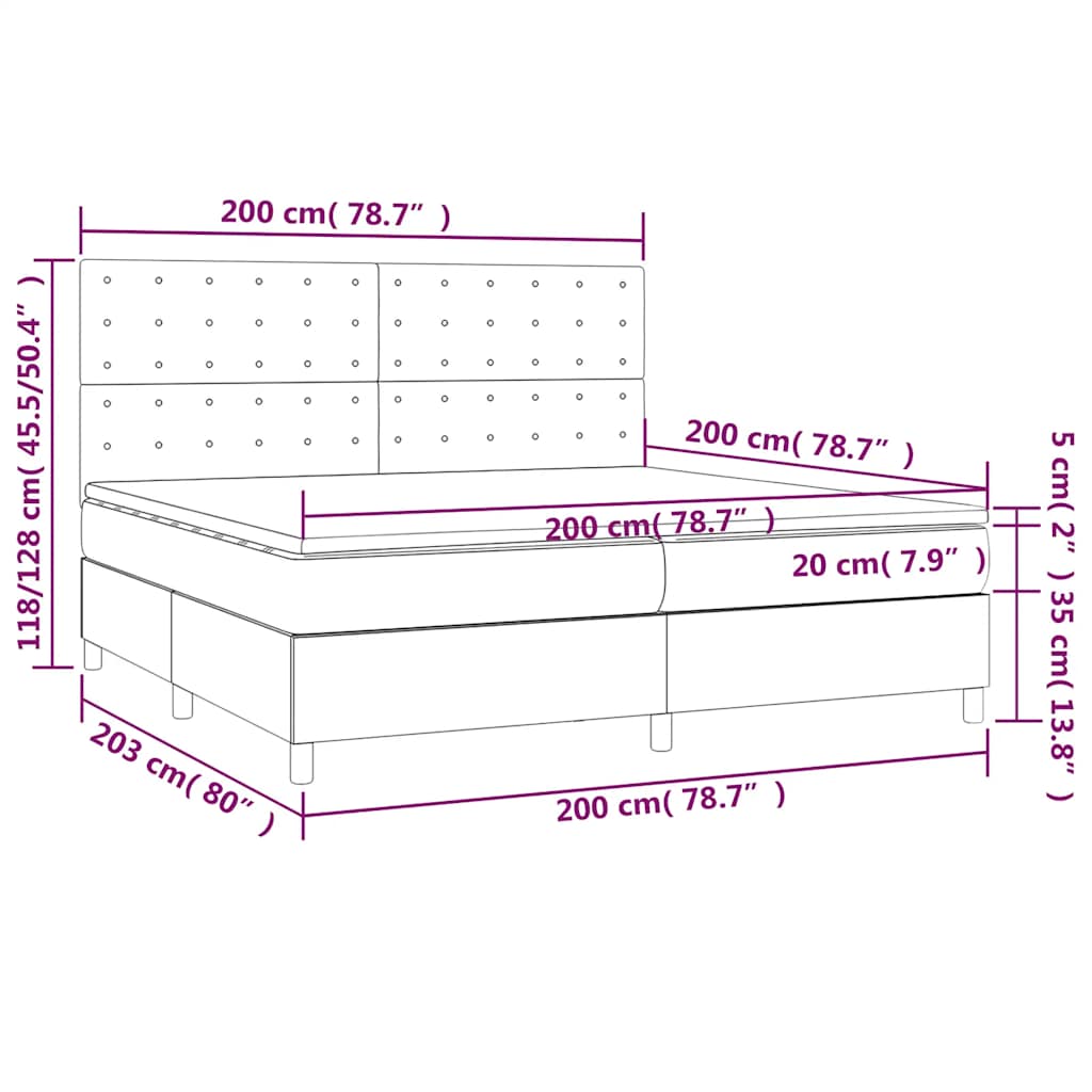 sötétkék bársony rugós és LED-es ágy matraccal 200x200 cm