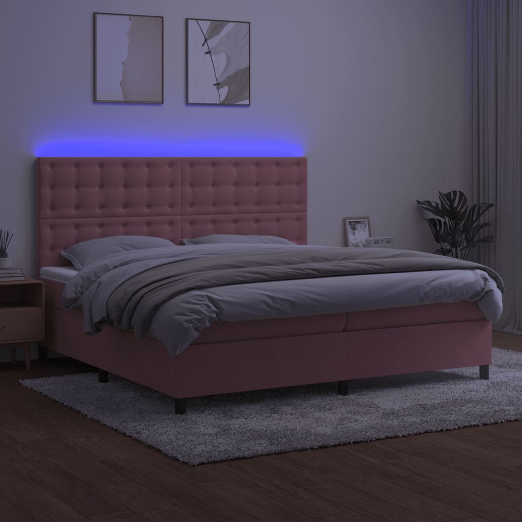 rózsaszín bársony rugós és LED-es ágy matraccal 200x200 cm